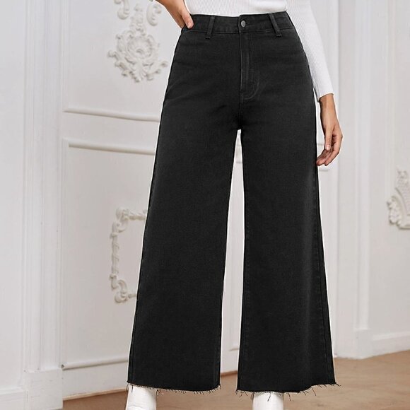 Black Casual Womens High Waist Wide Leg Jeans - Picture 3 of 5